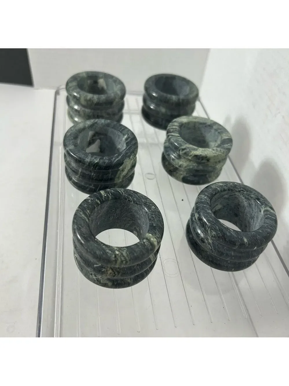 Vintage Napkin Rings Marble Green Round Carved Set of 6 2x1.25.